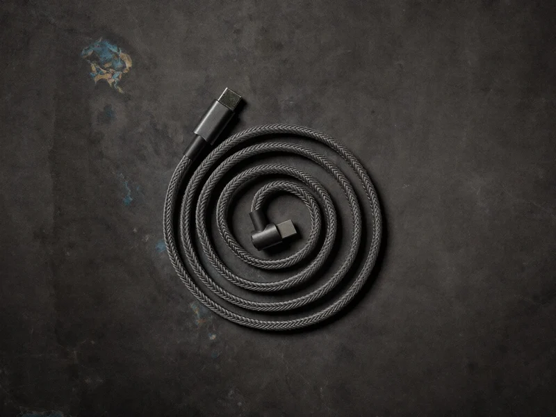 Geflochtenes USB-C-Ladekabel als präzise Spirale auf grauem Stein