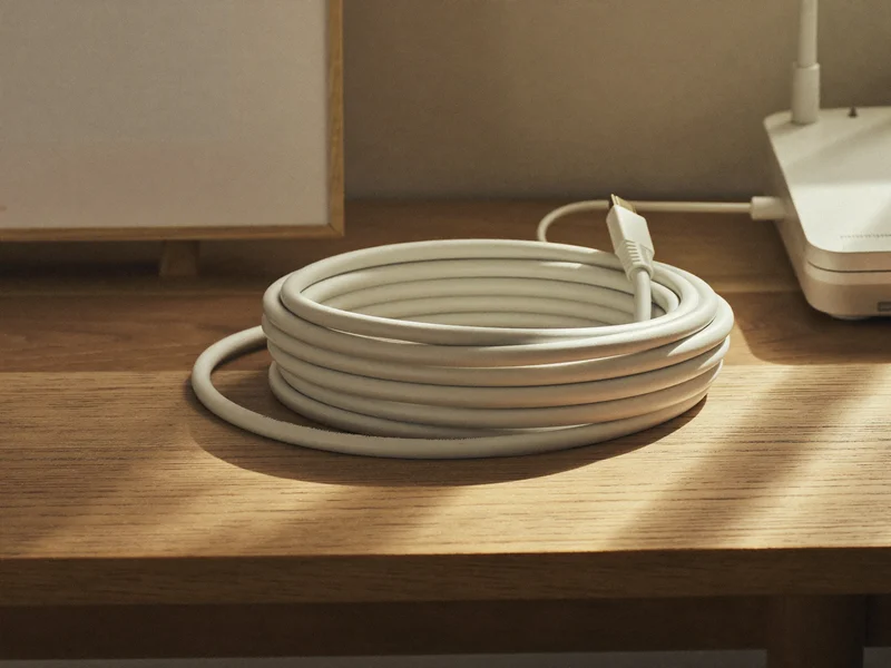 Ethernet-Patchkabel in lockerer Schlaufe neben einem neutralen weißen Router