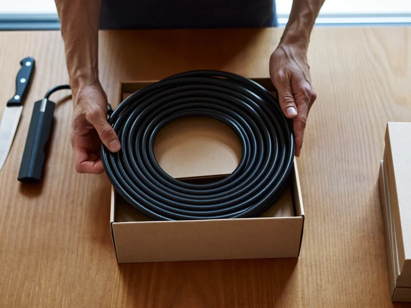 Hände verpacken ein gewickeltes Kabel in schlichten Kraftkarton